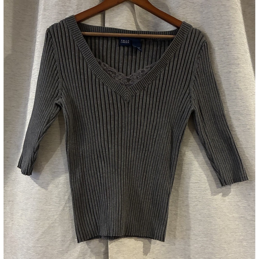 Falls Creek Gray Ribbed Lace Trim V-Neck 3/4 Sleeve Sweater Womens Size 1X Y2K